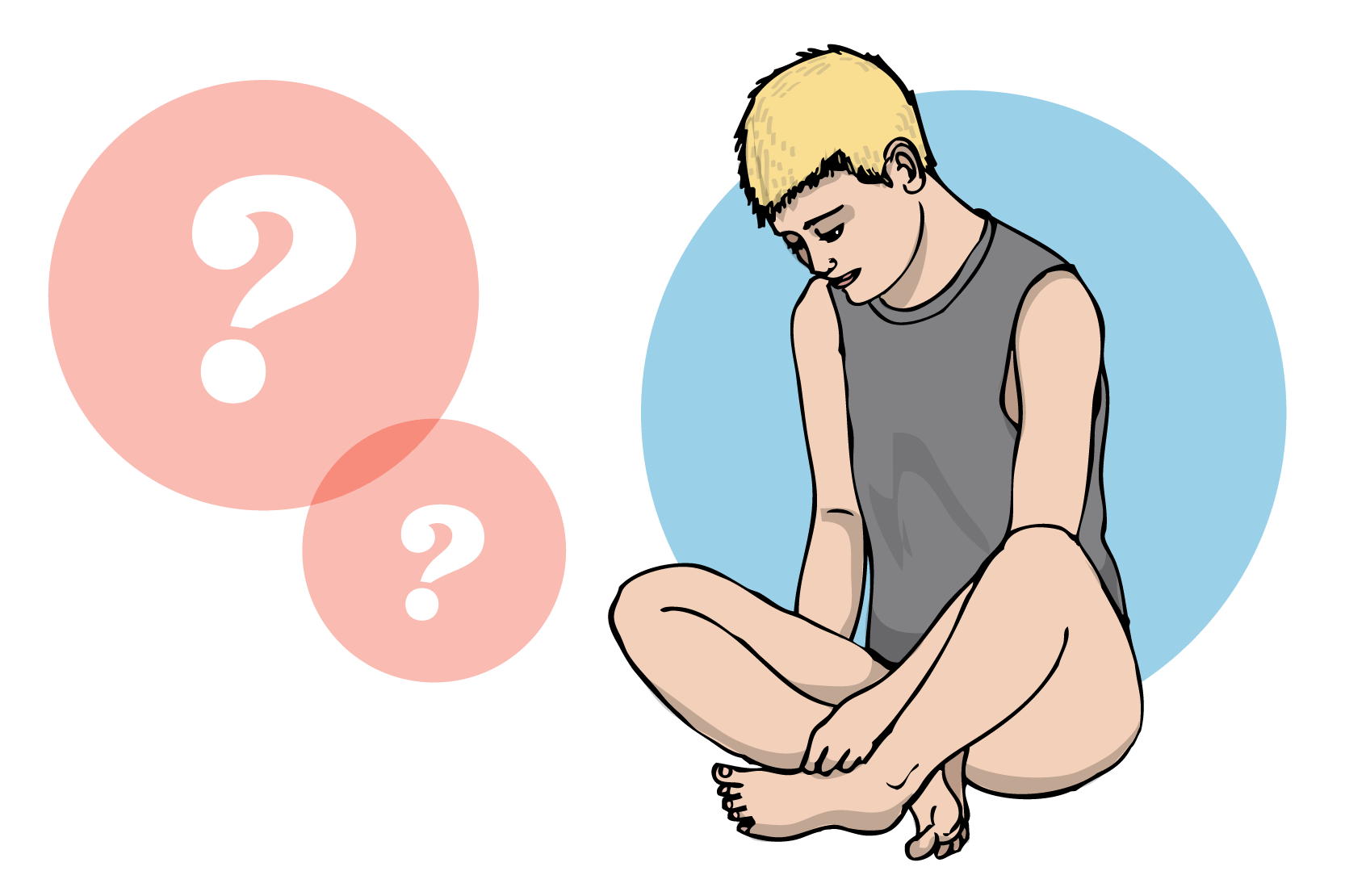 Person som sitter med korslagda ben och tittar ner mot underlivet. Bredvid har hen tankebubblor med frågetecken i, illustration.