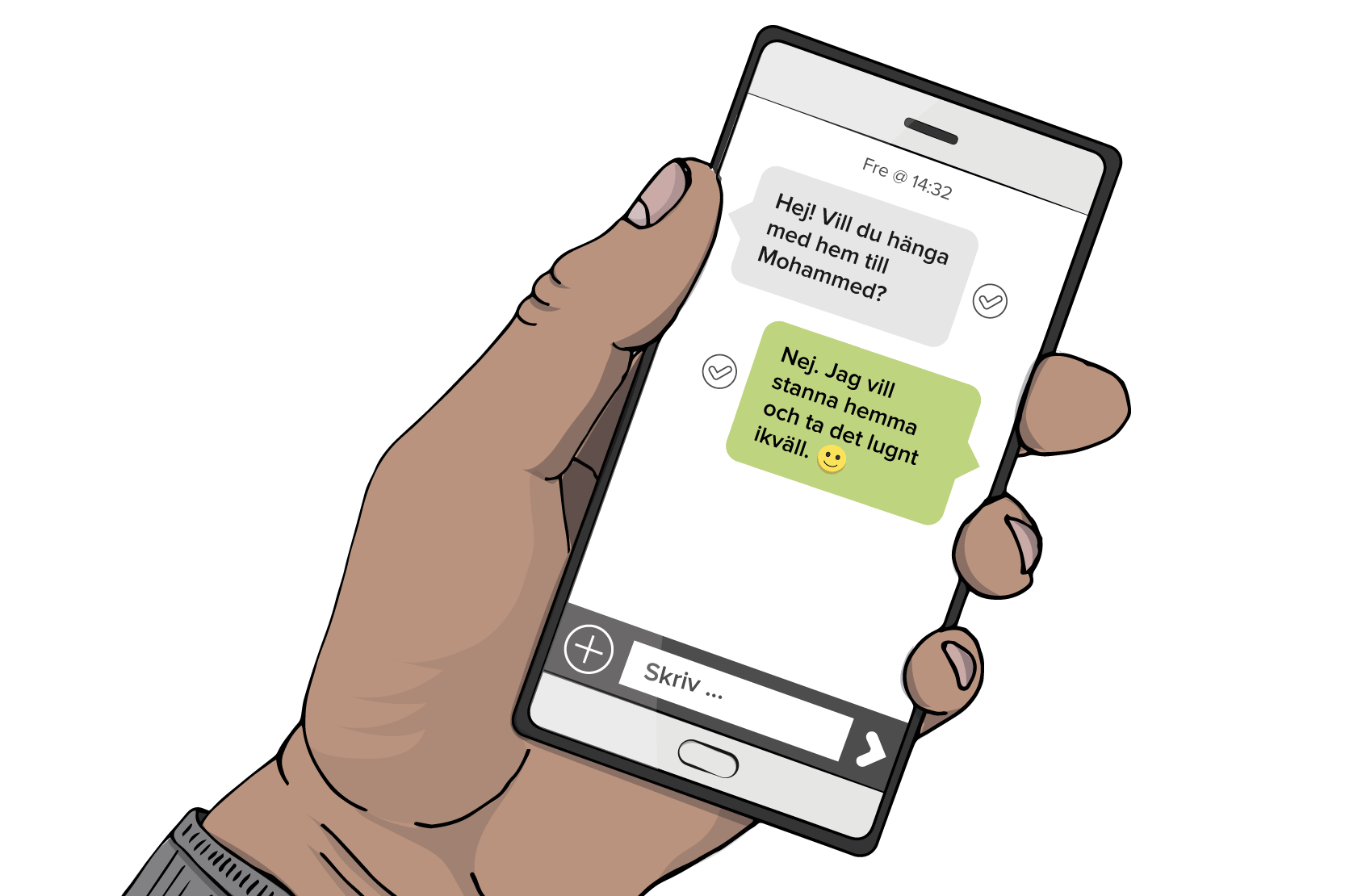 Ett sms som tackar nej till att träffas. 