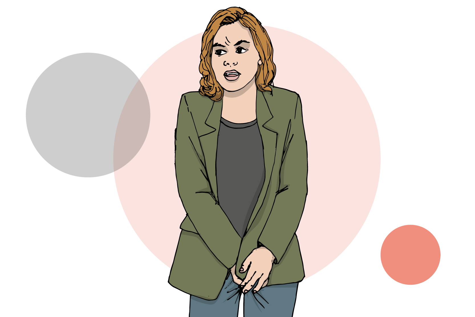 En person som kliar sig mellan benen och ser irriterad ut. Illustration.