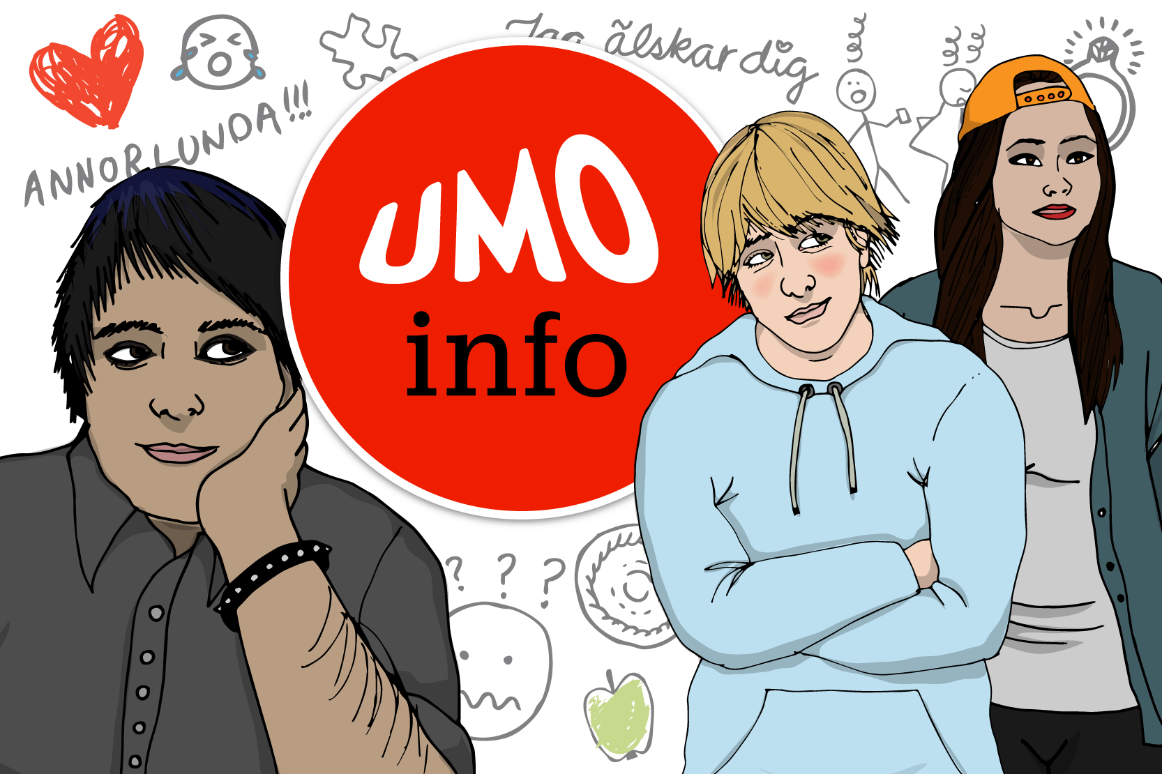 Tre personer tänker djupt och runt dem finns några ledsna emojis, ett litet hjärta, ett äpple, en ring. Texten "Jag älskar dig". Ordet "annorlunda" och en cirkel som har texten "UMO info". Illustration.