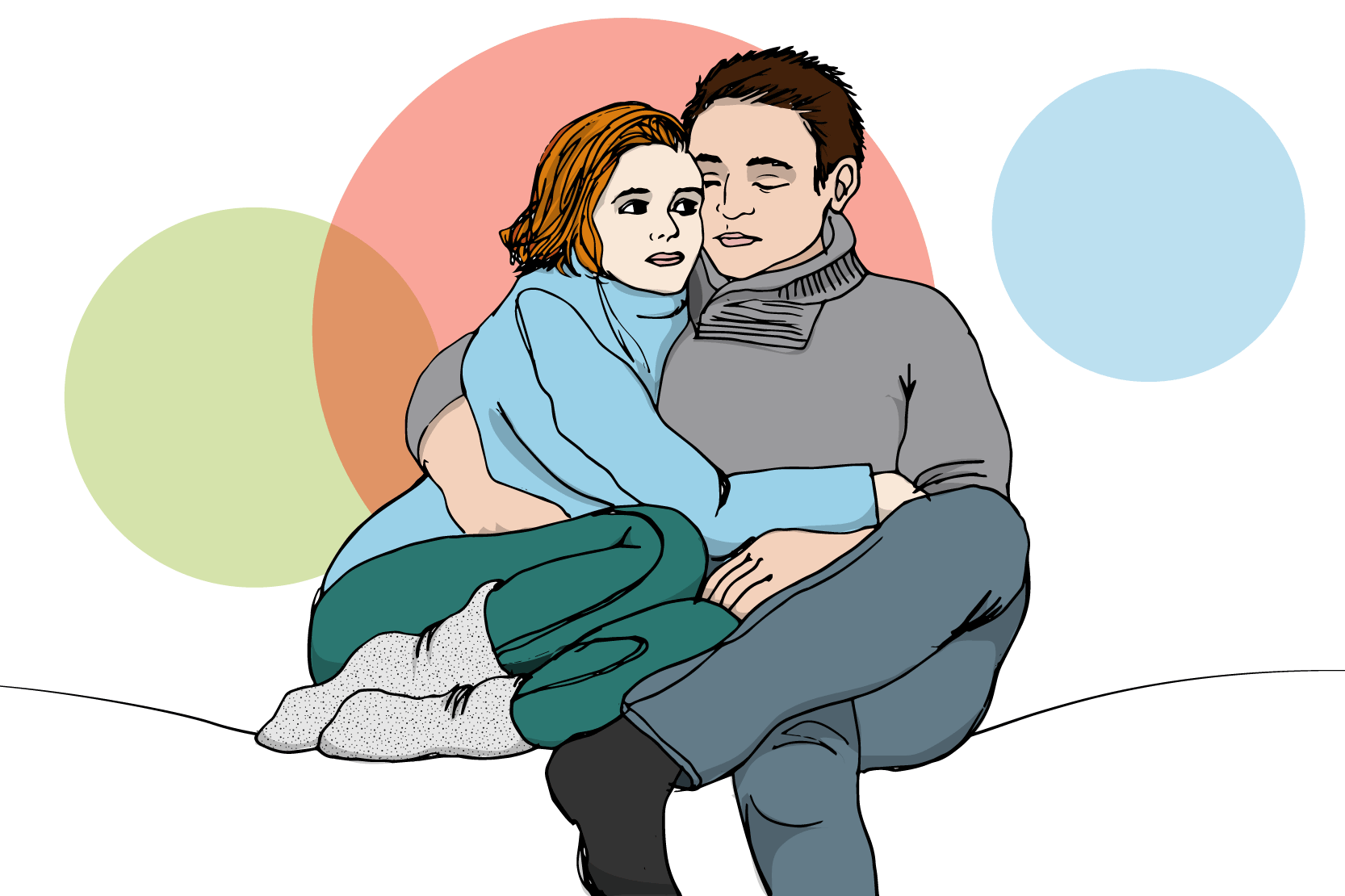 Två personer sitter och håller om varandra, illustration.