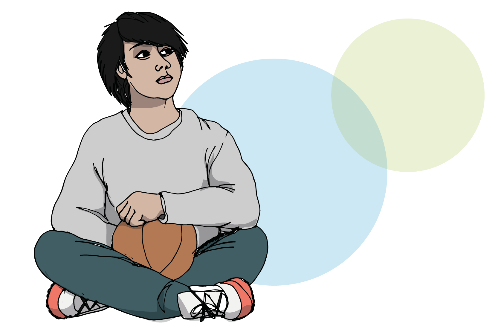 Person med allvarlig min sitter med korslagda ben och tittar snett uppåt. Illustration.