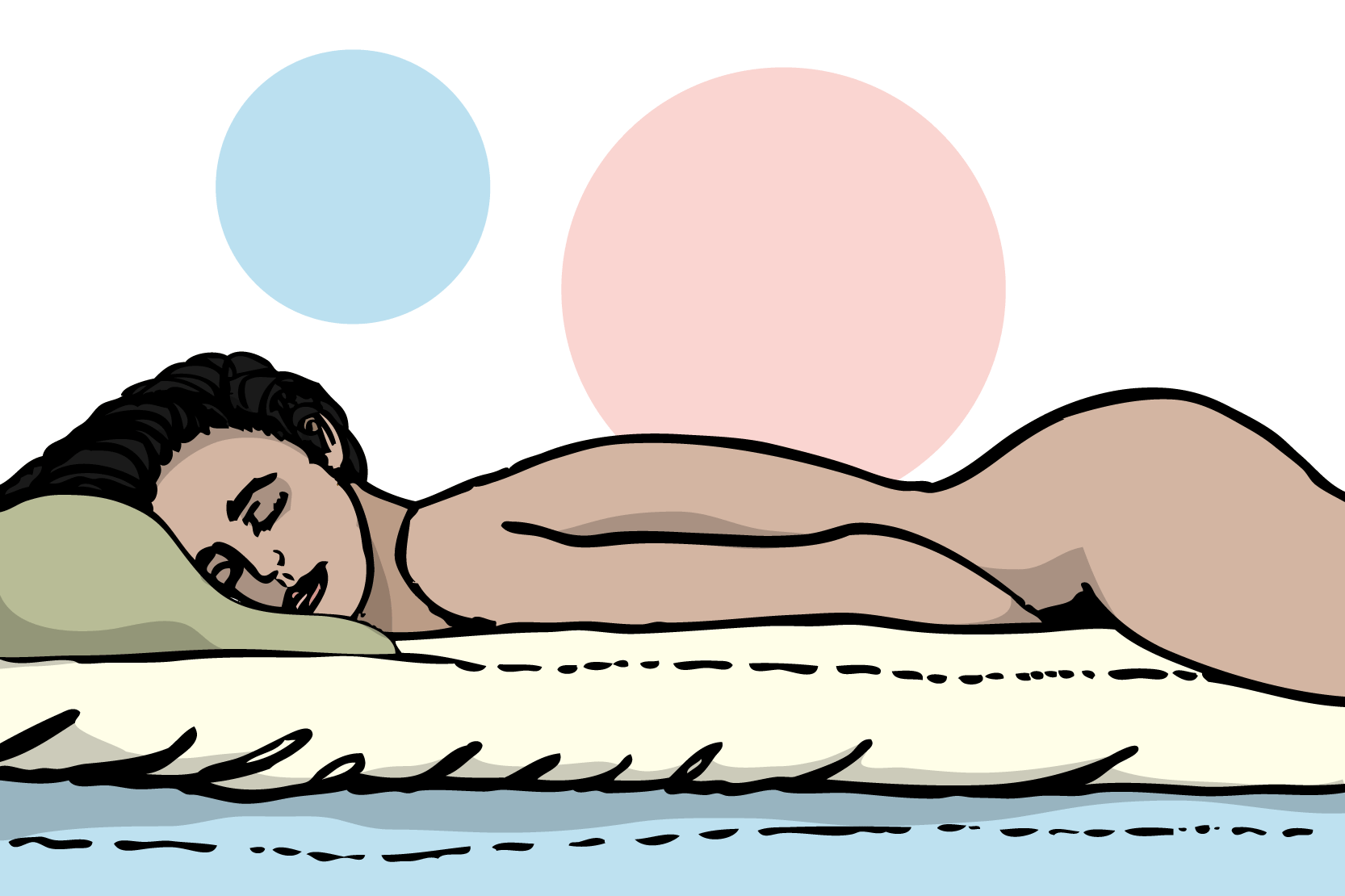 En person ligger i sängen med händerna på könet. Illustration.