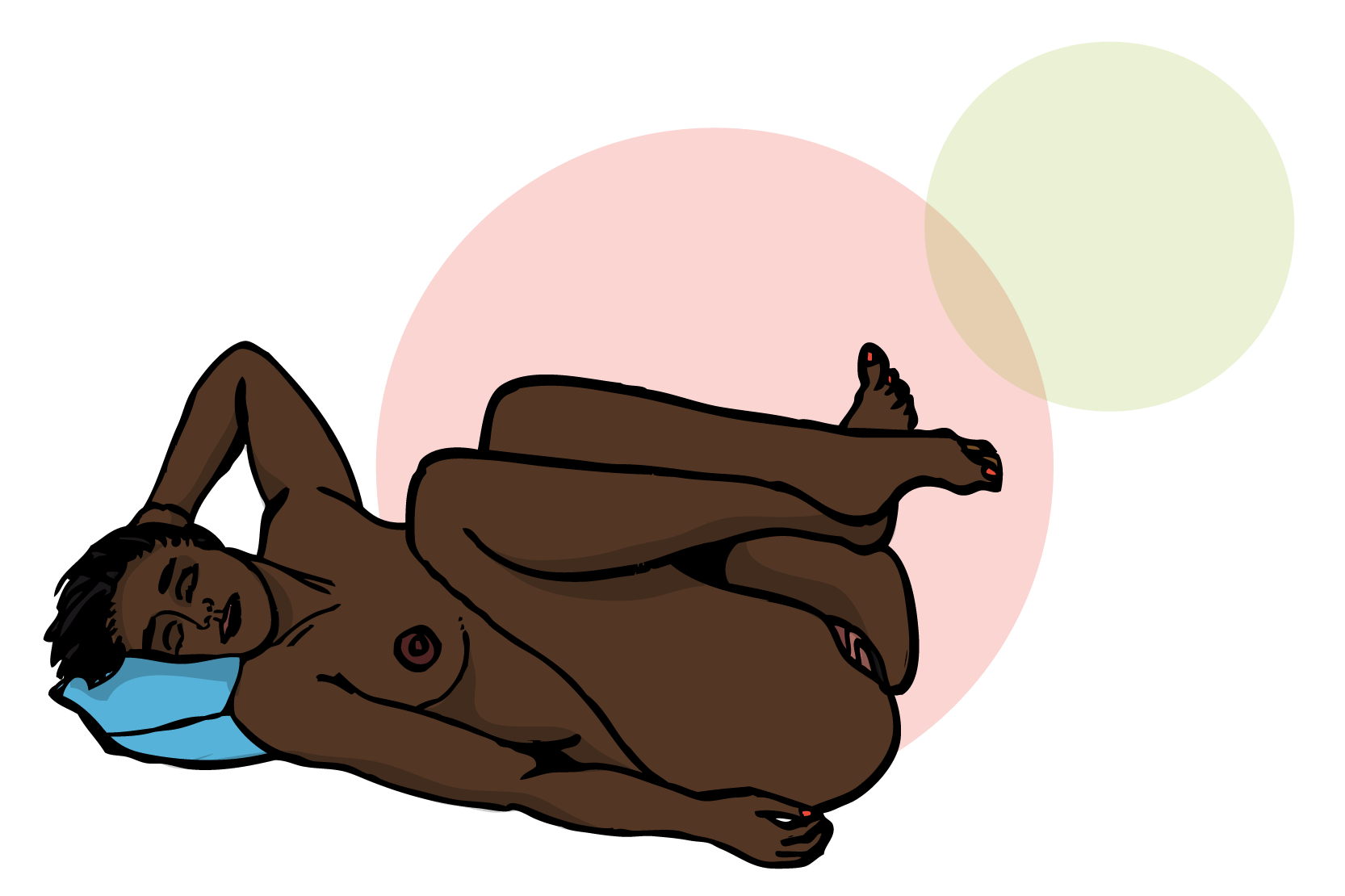 En naken person ligger på rygg med ihopkurade ben. Illustration.