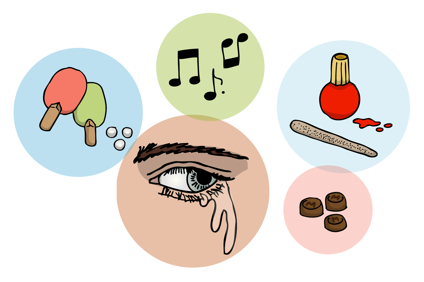 Illustration av pingisracketar och bollar, ett gråtande öga, choklad, nagellack.
