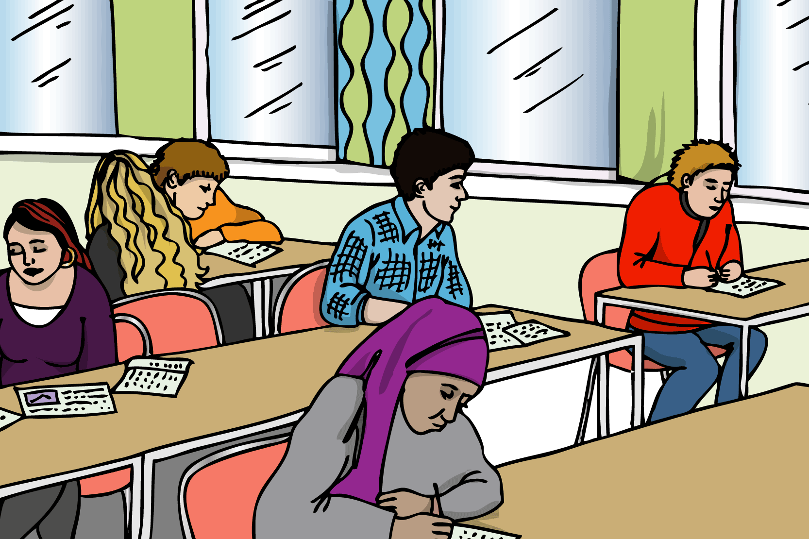 Ungdomar som sitter i ett klassrum och läser eller skriver. Illustration.