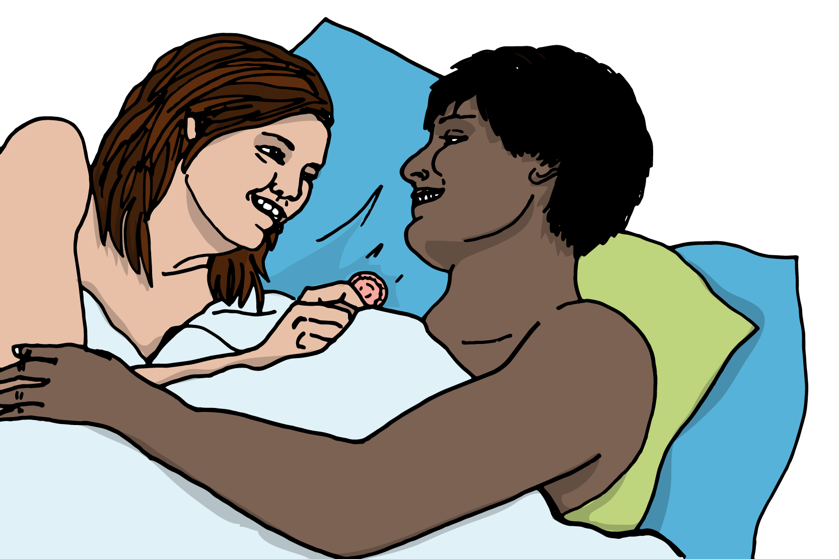 Två personer som ligger i en säng. Den ena håller en kondom i handen. Illustration.