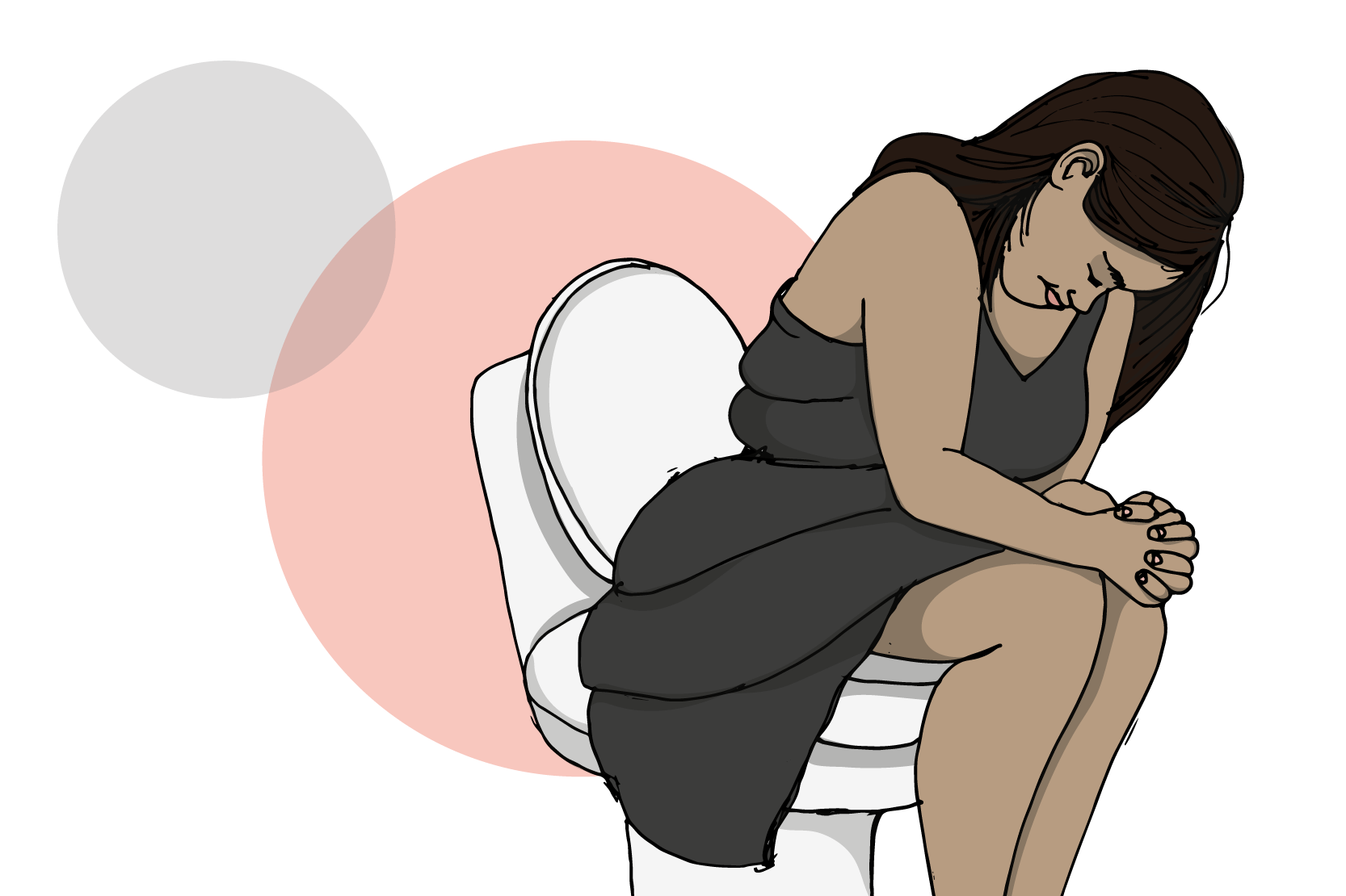 En person som sitter på en toalett och håller sig runt benen. Illustration. 