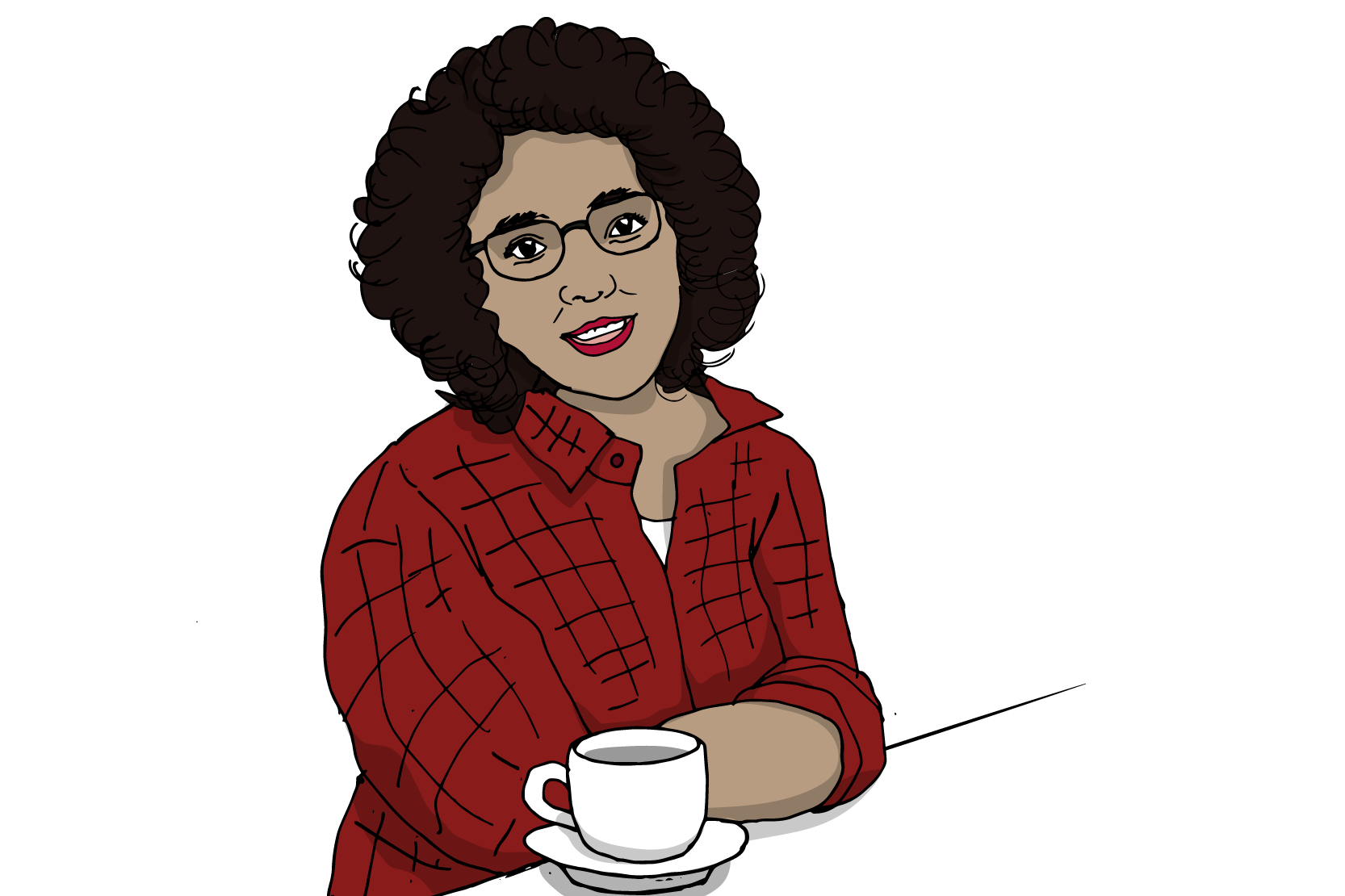 En leende tjej sitter med en kaffekopp framför sig.  