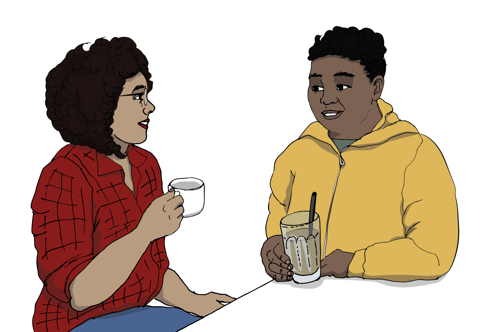 En kille och en tjej sitter med varsin kaffekopp och ser på varandra. 