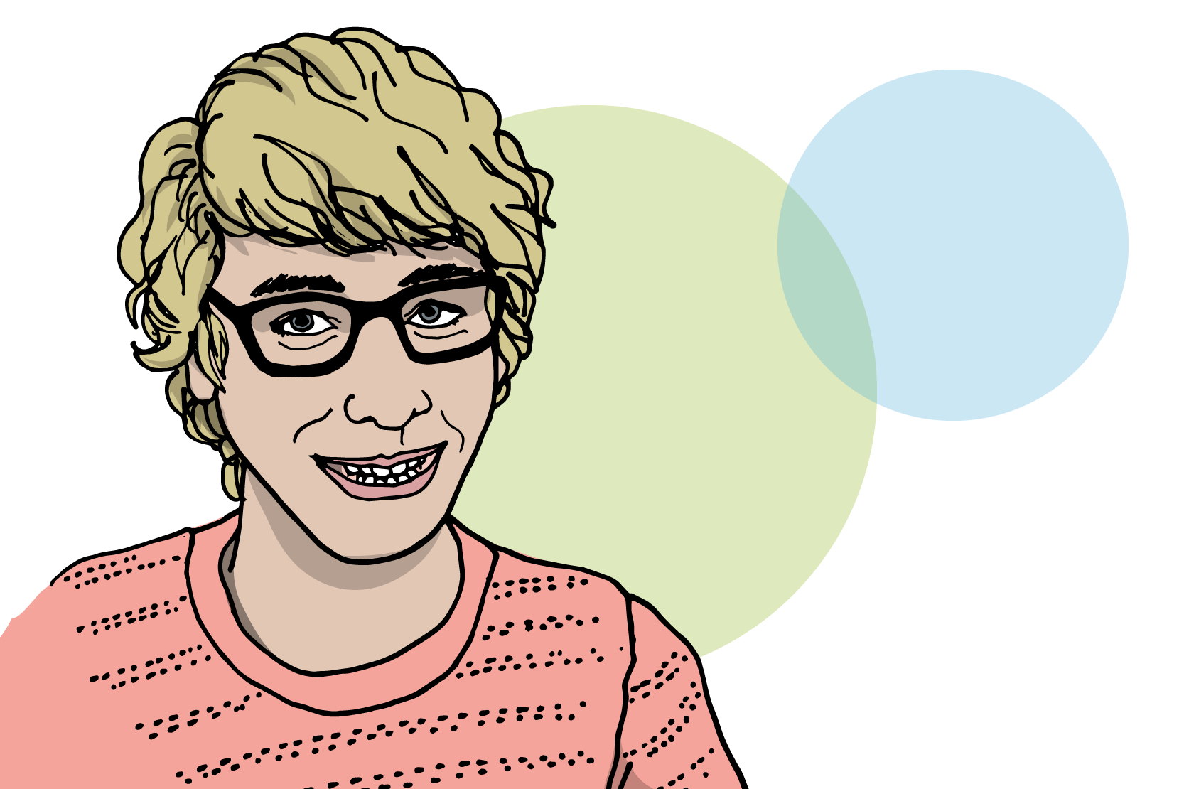 En person med glasögon som ler. Illustration.